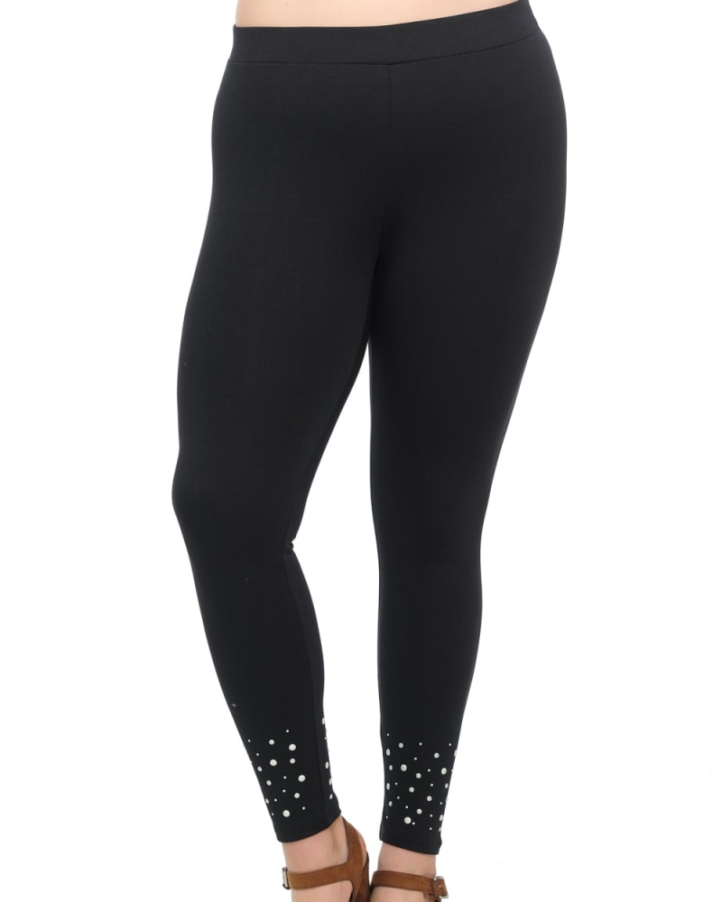 Front of a model wearing a size 0X Premium Leggings w/ Pearls in Black in Black by L I V D. | dia_product_style_image_id:241861